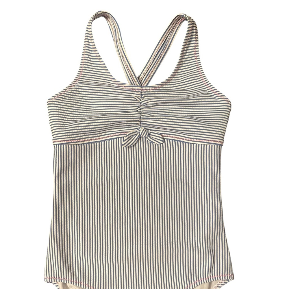 Lands End Girls 1 Piece Swimsuit Size 10 Blue White Striped Pink Stitching